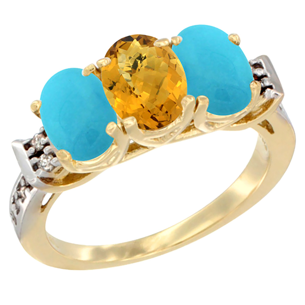 10K Yellow Gold Natural Whisky Quartz & Turquoise Sides Ring 3-Stone Oval 7x5 mm Diamond Accent, sizes 5 - 10