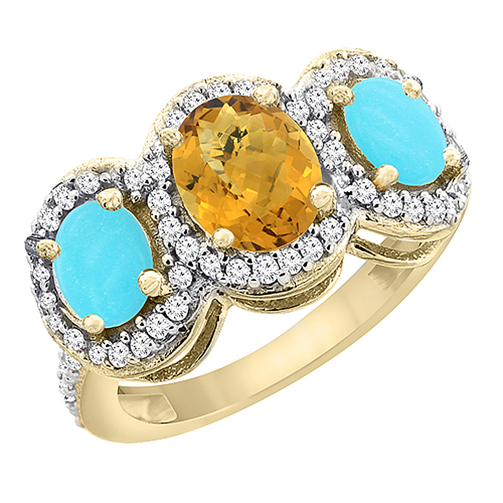 10K Yellow Gold Natural Whisky Quartz & Turquoise 3-Stone Ring Oval Diamond Accent, sizes 5 - 10