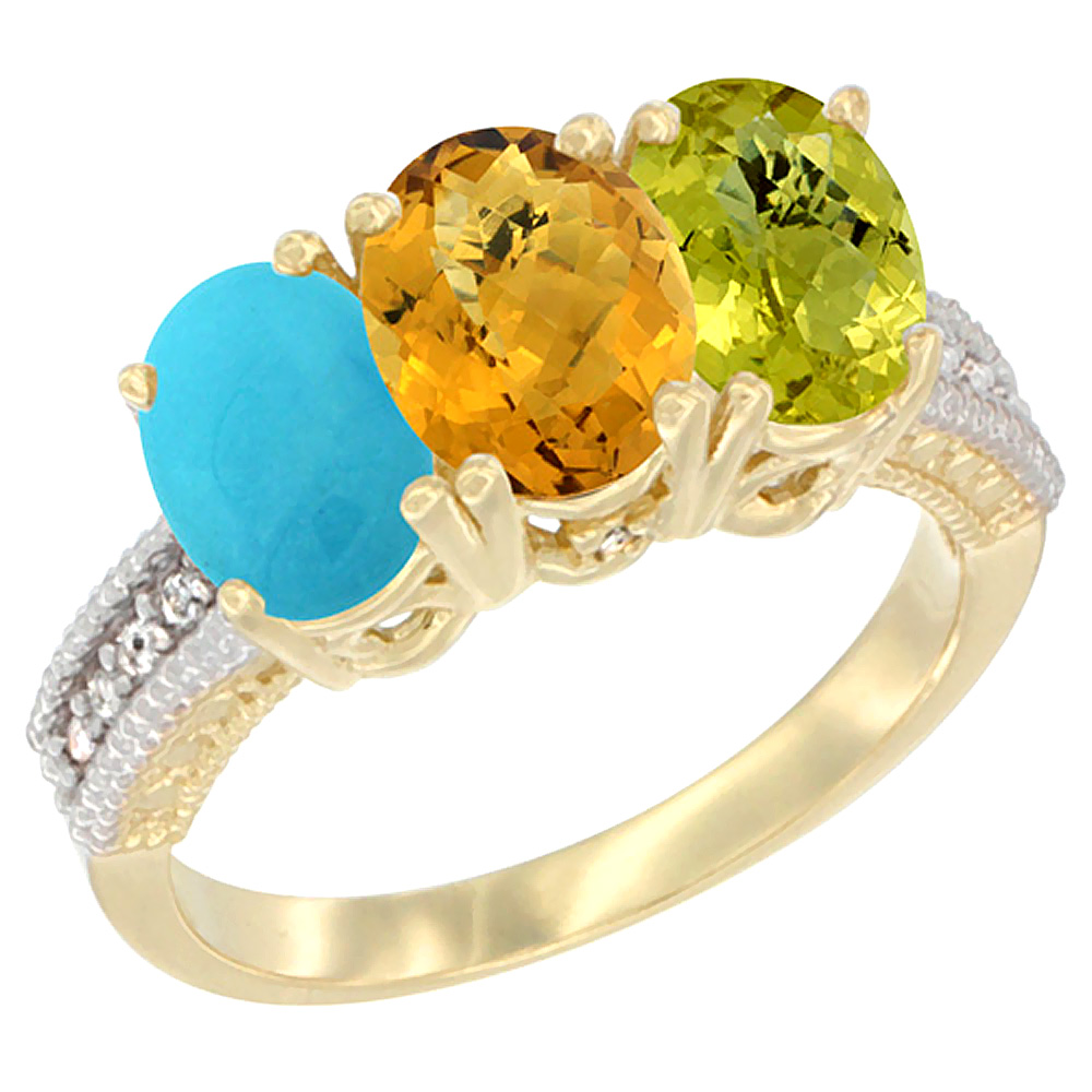 10K Yellow Gold Diamond Natural Turquoise, Whisky Quartz &amp; Lemon Quartz Ring 3-Stone 7x5 mm Oval, sizes 5 - 10