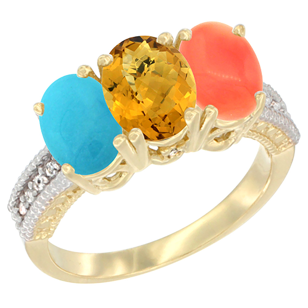10K Yellow Gold Diamond Natural Turquoise, Whisky Quartz &amp; Coral Ring 3-Stone 7x5 mm Oval, sizes 5 - 10