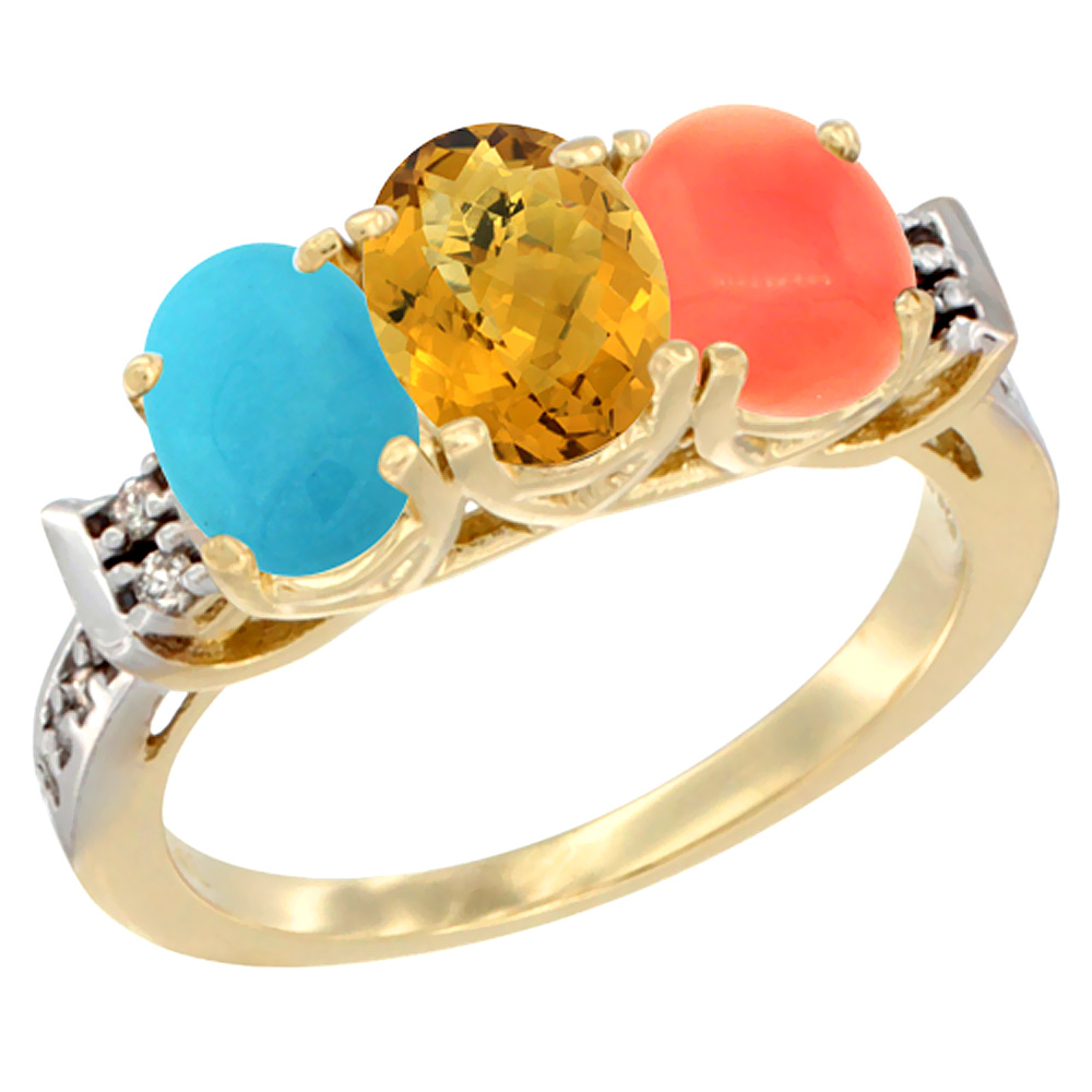 14K Yellow Gold Natural Turquoise, Whisky Quartz & Coral Ring 3-Stone Oval 7x5 mm Diamond Accent, sizes 5 - 10