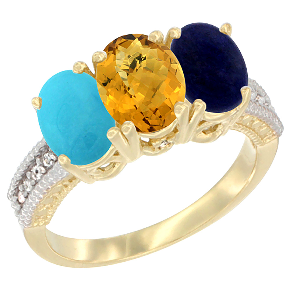 10K Yellow Gold Diamond Natural Turquoise, Whisky Quartz & Lapis Ring 3-Stone 7x5 mm Oval, sizes 5 - 10