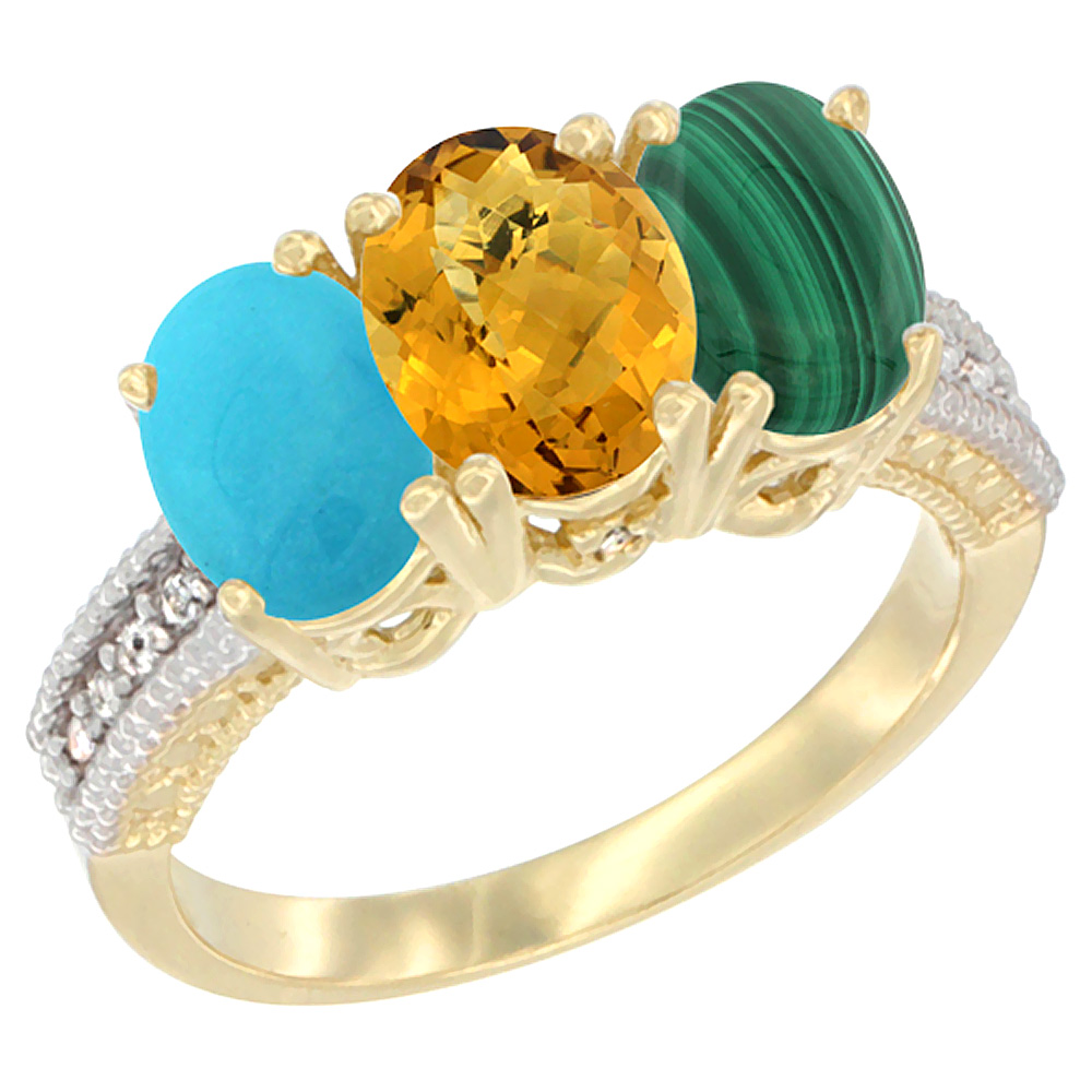 10K Yellow Gold Diamond Natural Turquoise, Whisky Quartz &amp; Malachite Ring 3-Stone 7x5 mm Oval, sizes 5 - 10
