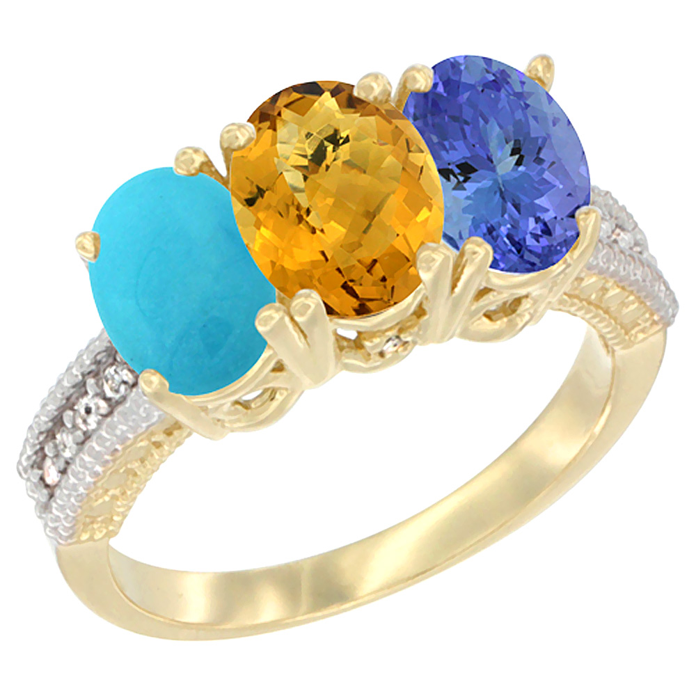 14K Yellow Gold Natural Turquoise, Whisky Quartz &amp; Tanzanite Ring 3-Stone 7x5 mm Oval Diamond Accent, sizes 5 - 10