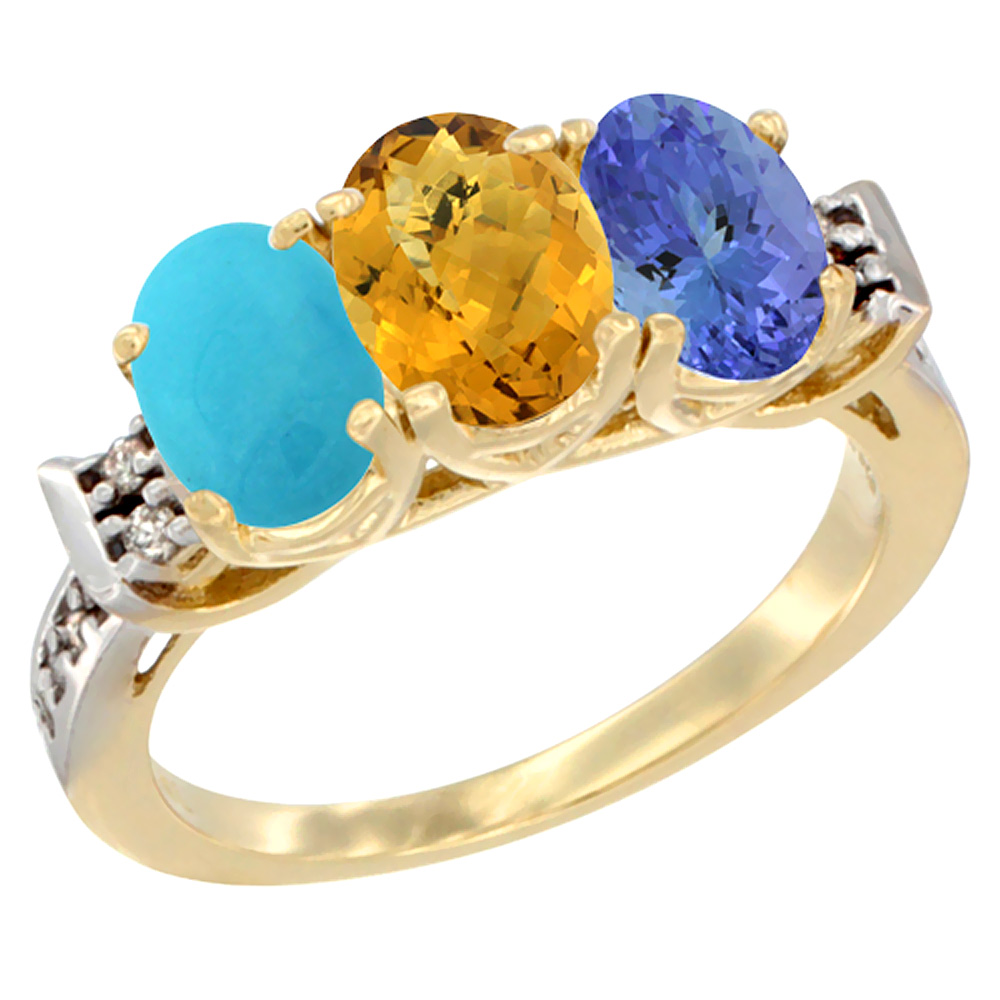 10K Yellow Gold Natural Turquoise, Whisky Quartz &amp; Tanzanite Ring 3-Stone Oval 7x5 mm Diamond Accent, sizes 5 - 10