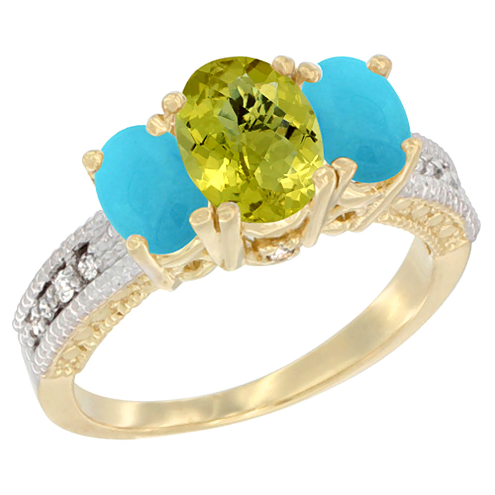 14K Yellow Gold Diamond Natural Lemon Quartz Ring Oval 3-stone with Turquoise, sizes 5 - 10