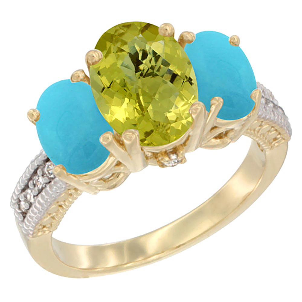 10K Yellow Gold Diamond Natural Lemon Quartz Ring 3-Stone Oval 8x6mm with Turquoise, sizes5-10