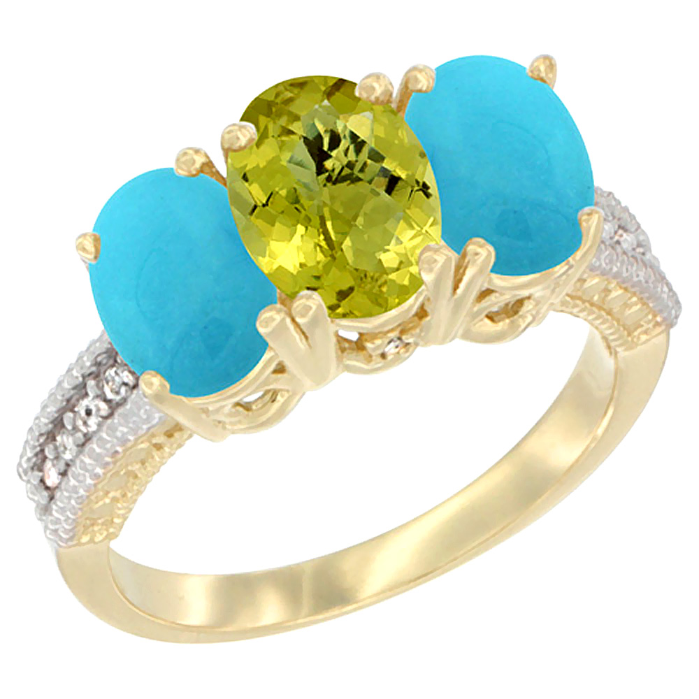 14K Yellow Gold Natural Lemon Quartz &amp; Turquoise Sides Ring 3-Stone 7x5 mm Oval Diamond Accent, sizes 5 - 10