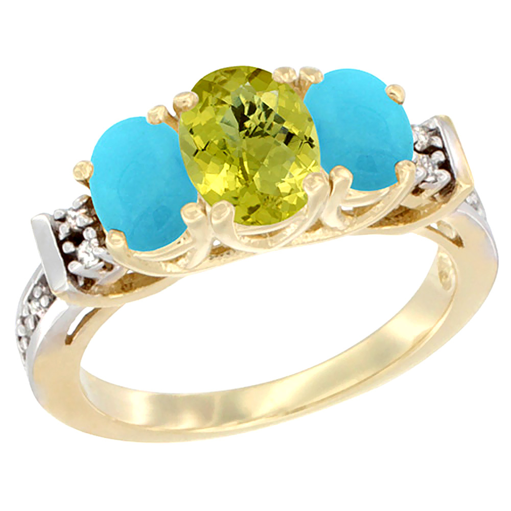 10K Yellow Gold Natural Lemon Quartz & Turquoise Ring 3-Stone Oval Diamond Accent