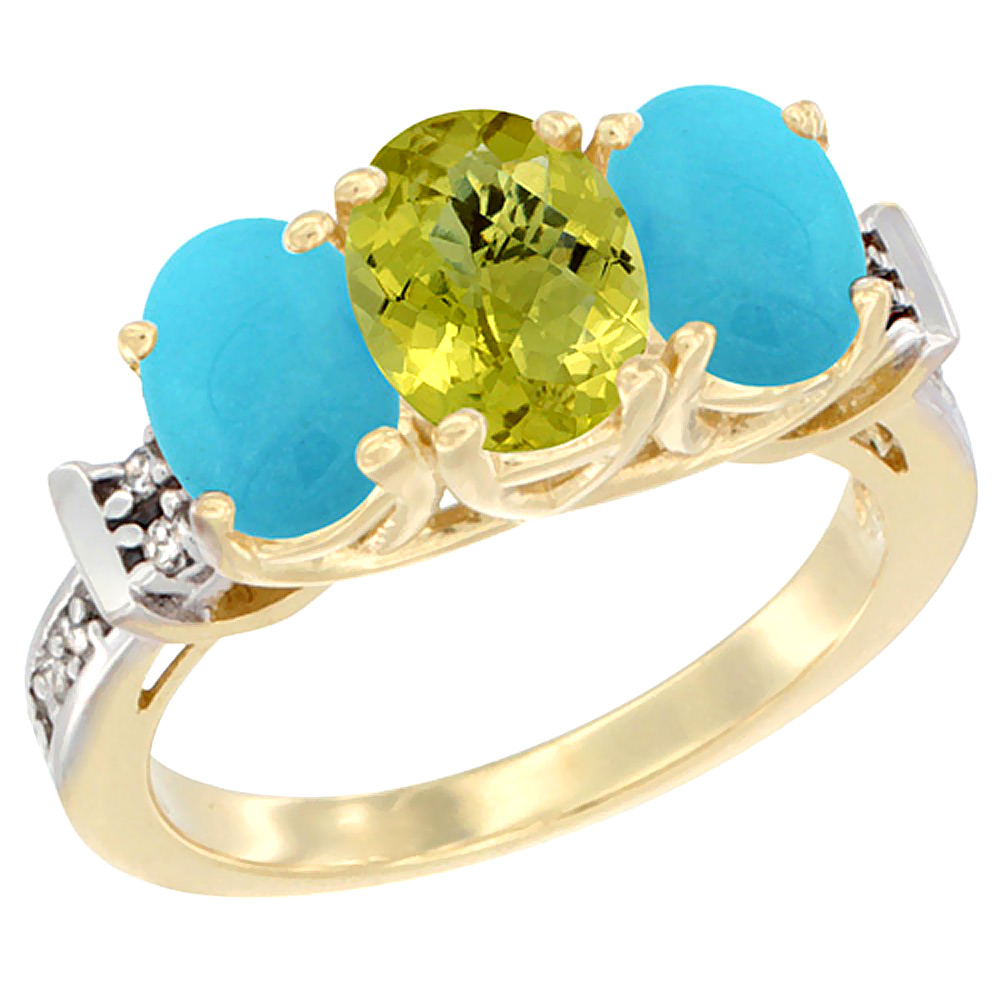10K Yellow Gold Natural Lemon Quartz & Turquoise Sides Ring 3-Stone Oval Diamond Accent, sizes 5 - 10