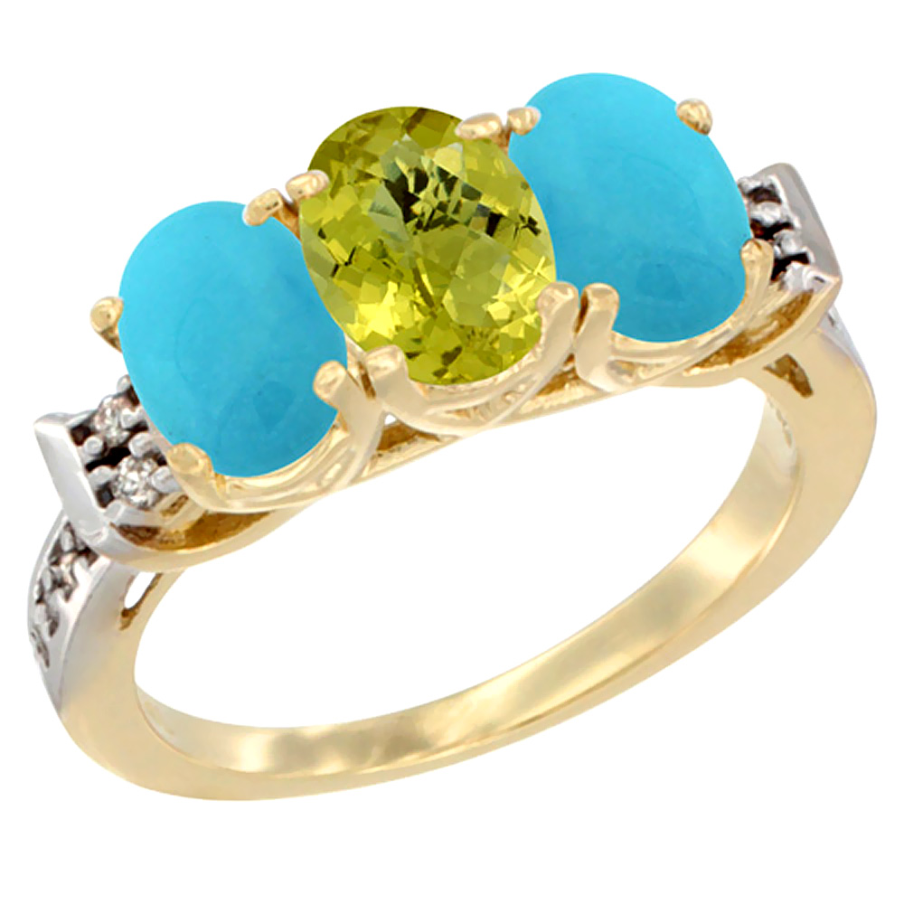 10K Yellow Gold Natural Lemon Quartz &amp; Turquoise Sides Ring 3-Stone Oval 7x5 mm Diamond Accent, sizes 5 - 10