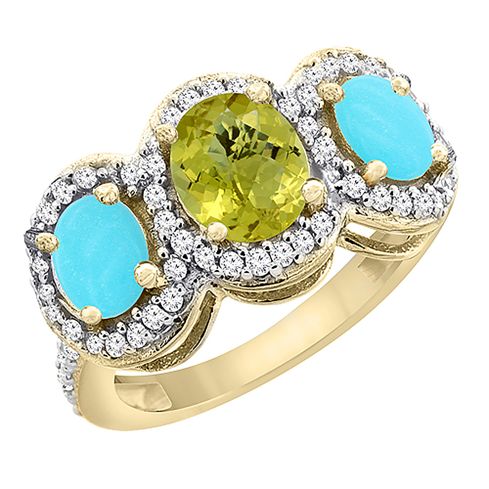 14K Yellow Gold Natural Lemon Quartz & Turquoise 3-Stone Ring Oval Diamond Accent, sizes 5 - 10