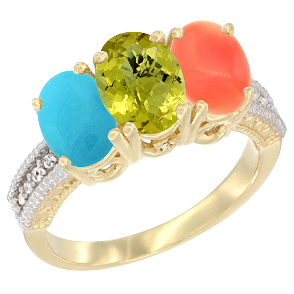 14K Yellow Gold Natural Turquoise, Lemon Quartz &amp; Coral Ring 3-Stone 7x5 mm Oval Diamond Accent, sizes 5 - 10
