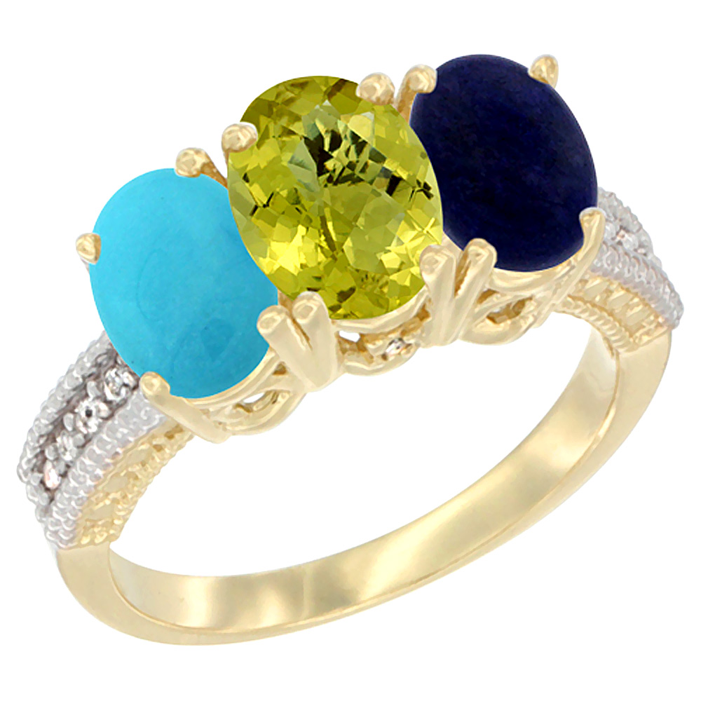 14K Yellow Gold Natural Turquoise, Lemon Quartz &amp; Lapis Ring 3-Stone 7x5 mm Oval Diamond Accent, sizes 5 - 10