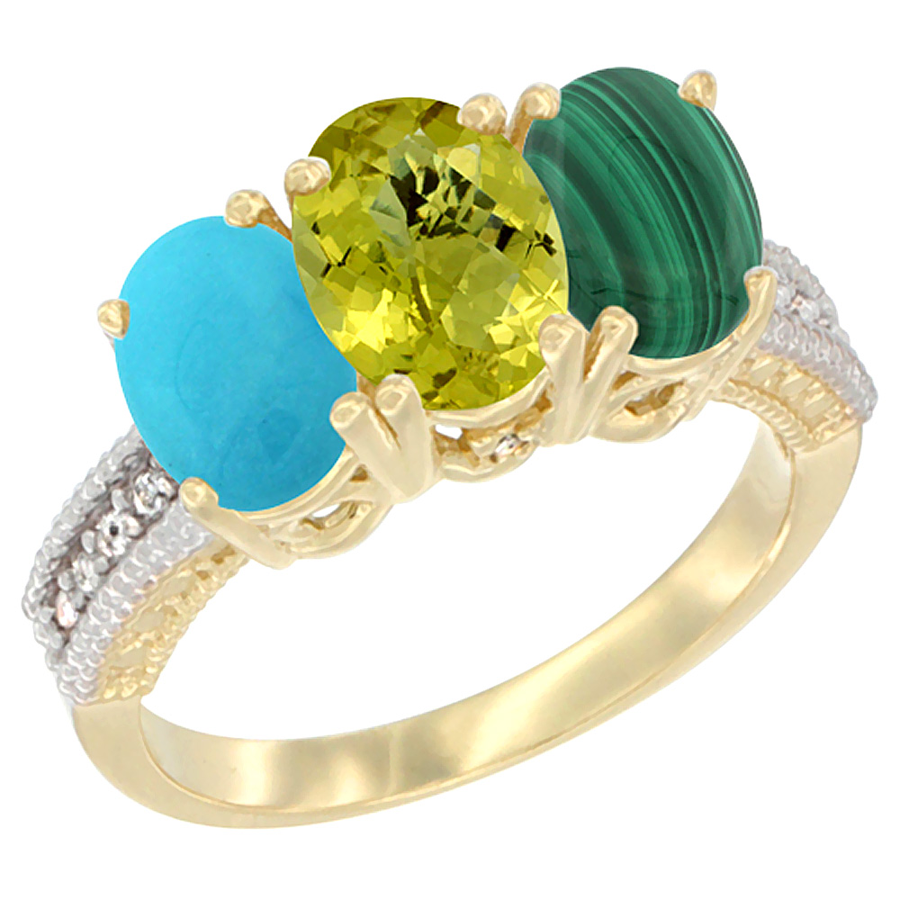 14K Yellow Gold Natural Turquoise, Lemon Quartz & Malachite Ring 3-Stone 7x5 mm Oval Diamond Accent, sizes 5 - 10