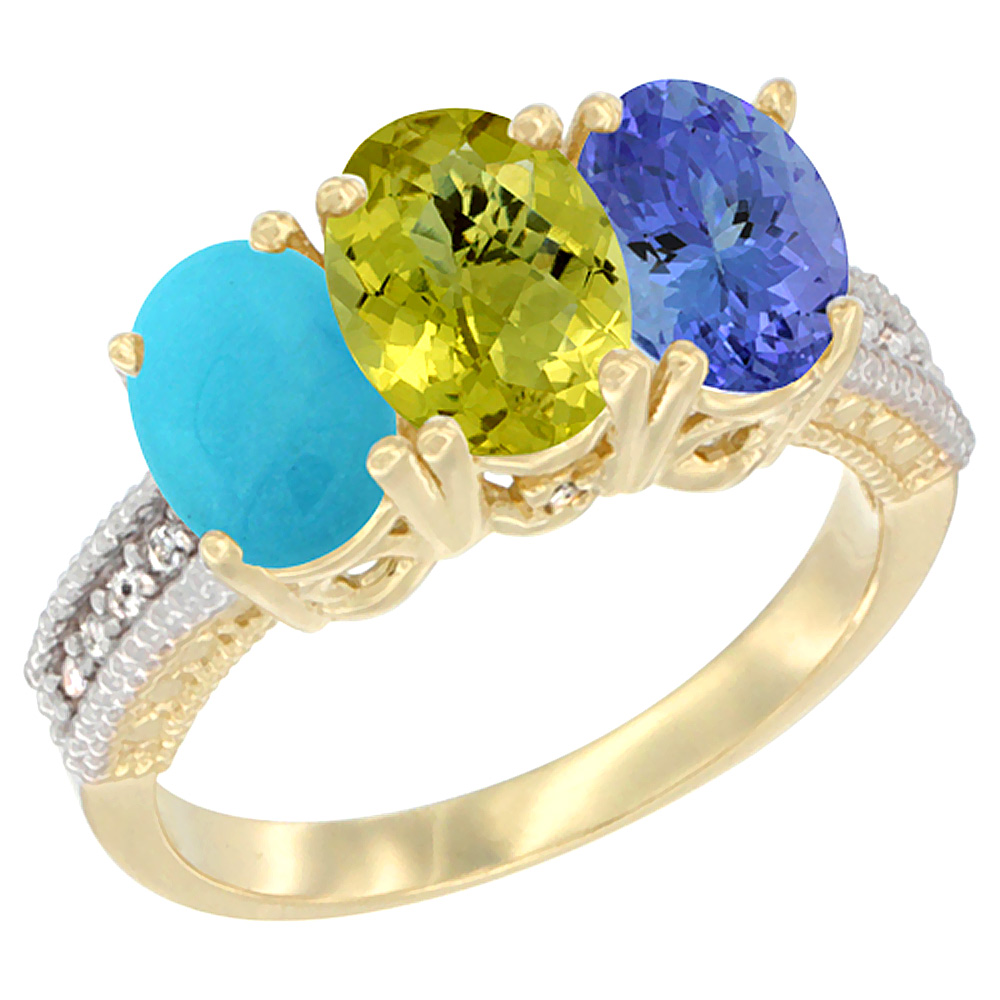 14K Yellow Gold Natural Turquoise, Lemon Quartz & Tanzanite Ring 3-Stone 7x5 mm Oval Diamond Accent, sizes 5 - 10
