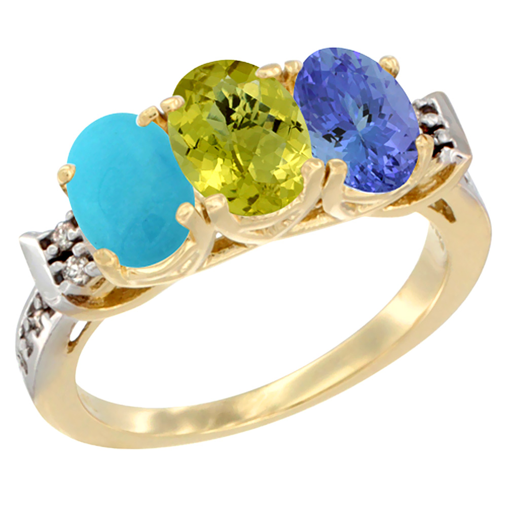10K Yellow Gold Natural Turquoise, Lemon Quartz &amp; Tanzanite Ring 3-Stone Oval 7x5 mm Diamond Accent, sizes 5 - 10