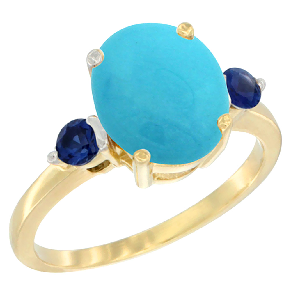 14K Yellow Gold 10x8mm Oval Natural Turquoise Ring for Women Blue Sapphire Side-stones sizes 5 - 10