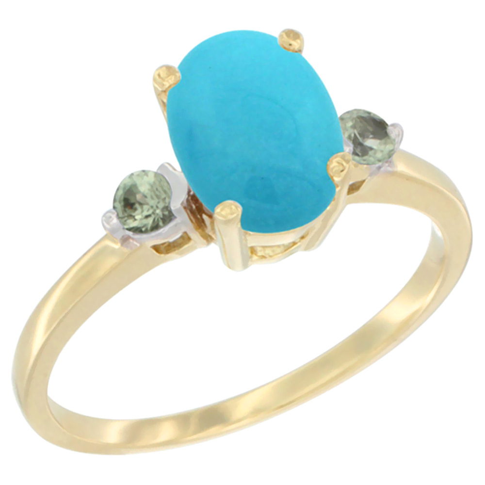 14K Yellow Gold Natural Turquoise Ring Oval 9x7 mm Green Sapphire Accent, sizes 5 to 10
