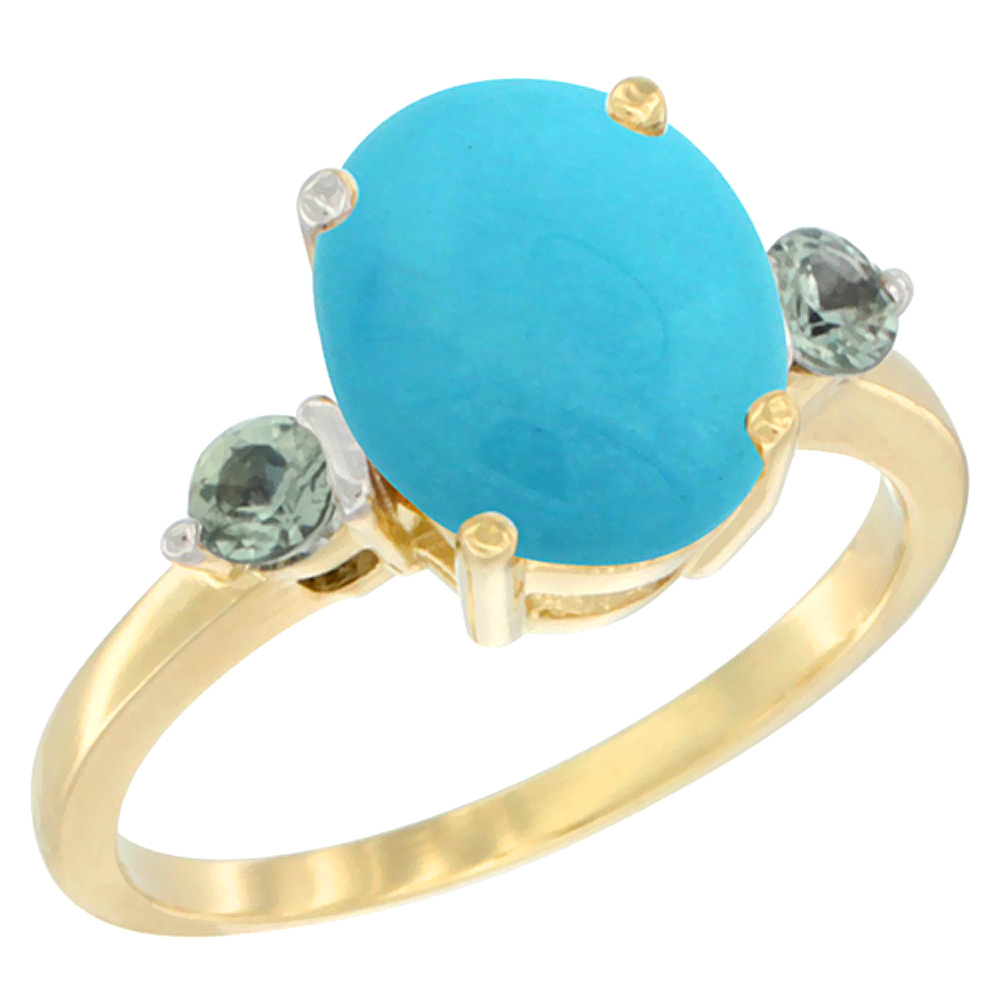 10K Yellow Gold 10x8mm Oval Natural Turquoise Ring for Women Green Sapphire Side-stones sizes 5 - 10
