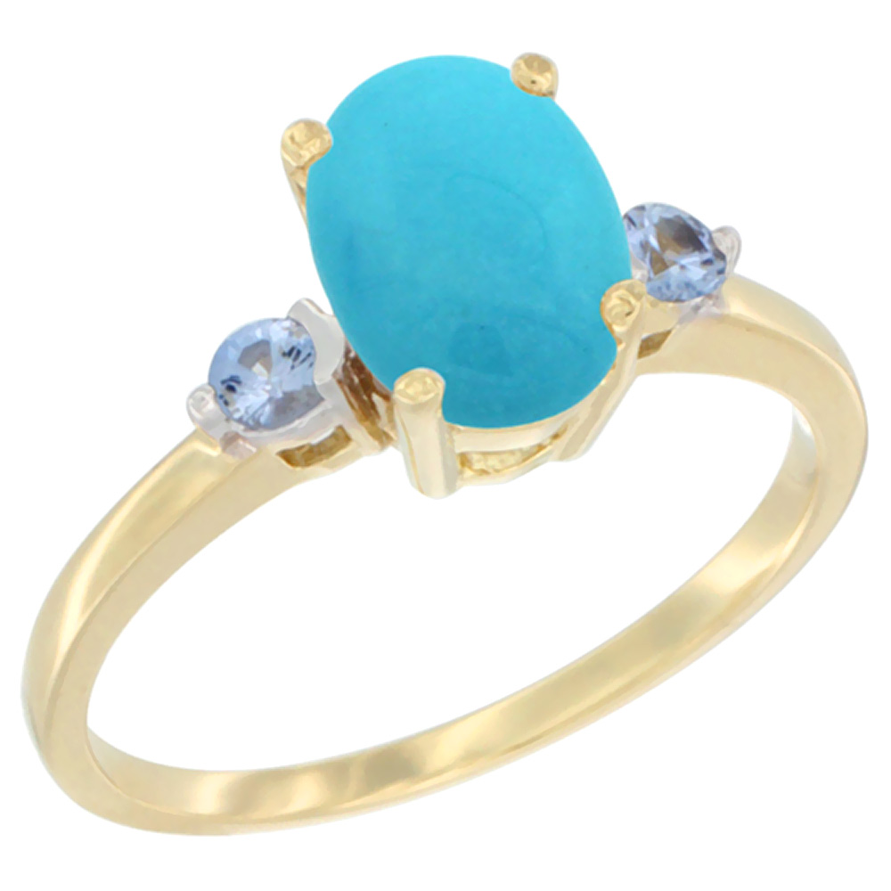 14K Yellow Gold Natural Turquoise Ring Oval 9x7 mm Light Blue Sapphire Accent, sizes 5 to 10