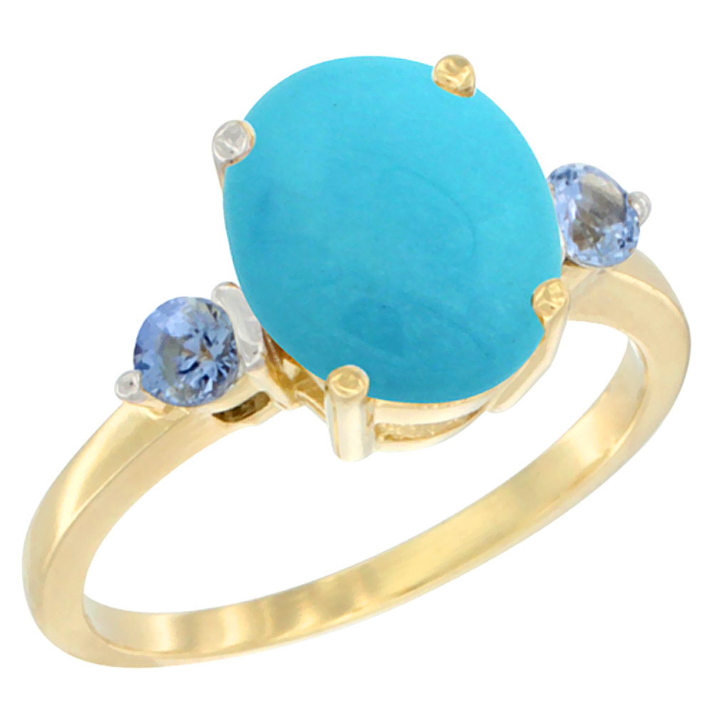14K Yellow Gold 10x8mm Oval Natural Turquoise Ring for Women Light Blue Sapphire Side-stones sizes 5 - 10