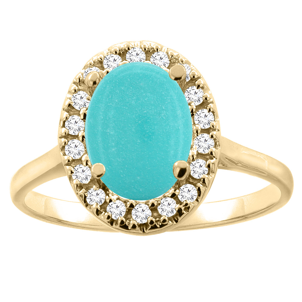 10K Gold Natural Turquoise Halo Ring Oval 9x7mm Diamond Accent, sizes 5 - 10