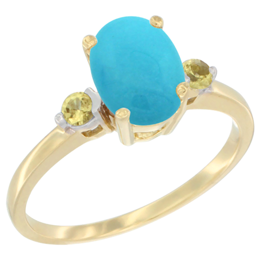 14K Yellow Gold Natural Turquoise Ring Oval 9x7 mm Yellow Sapphire Accent, sizes 5 to 10
