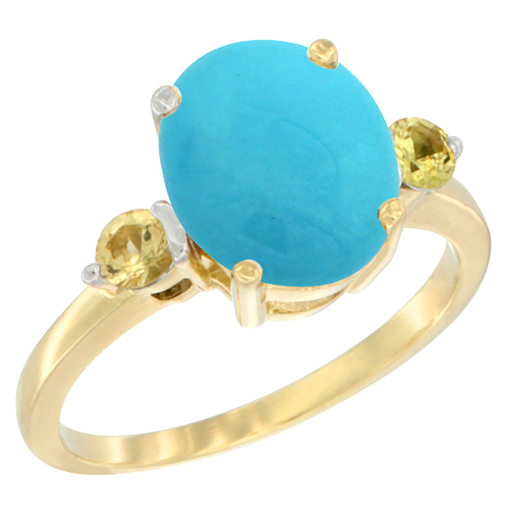 14K Yellow Gold 10x8mm Oval Natural Turquoise Ring for Women Yellow Sapphire Side-stones sizes 5 - 10