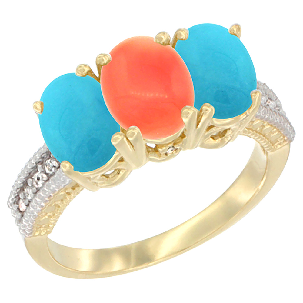 14K Yellow Gold Natural Coral &amp; Turquoise Sides Ring 3-Stone 7x5 mm Oval Diamond Accent, sizes 5 - 10