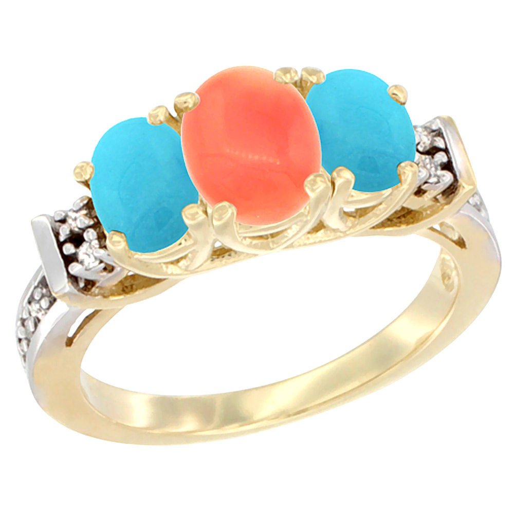 10K Yellow Gold Natural Coral &amp; Turquoise Ring 3-Stone Oval Diamond Accent