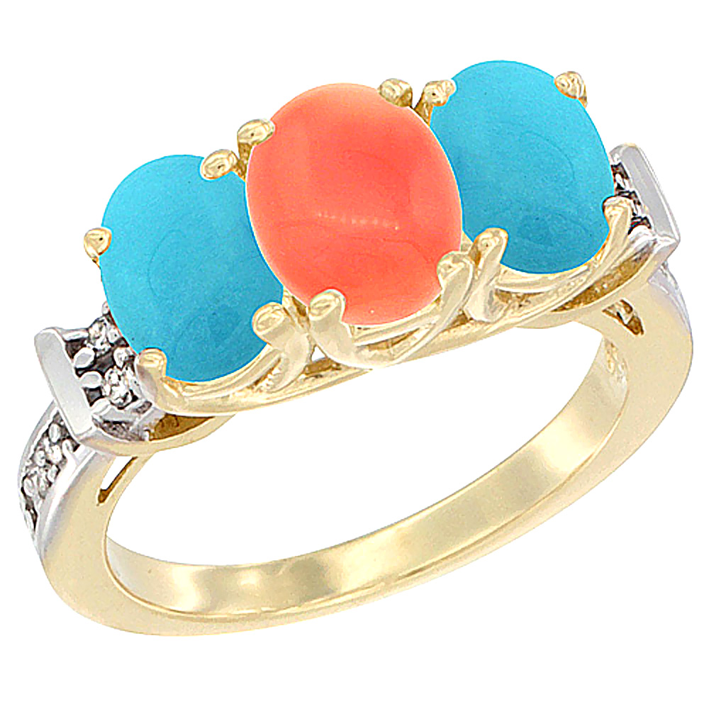 10K Yellow Gold Natural Coral & Turquoise Sides Ring 3-Stone Oval Diamond Accent, sizes 5 - 10