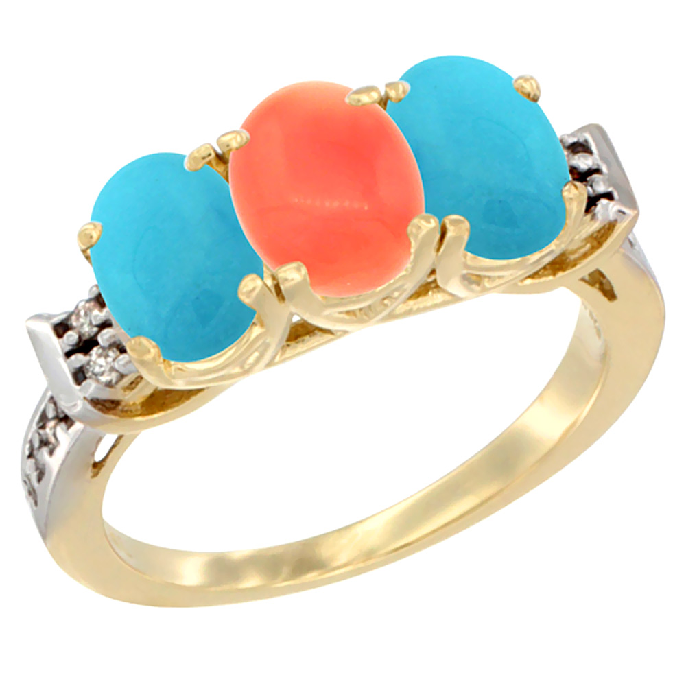10K Yellow Gold Natural Coral & Turquoise Sides Ring 3-Stone Oval 7x5 mm Diamond Accent, sizes 5 - 10