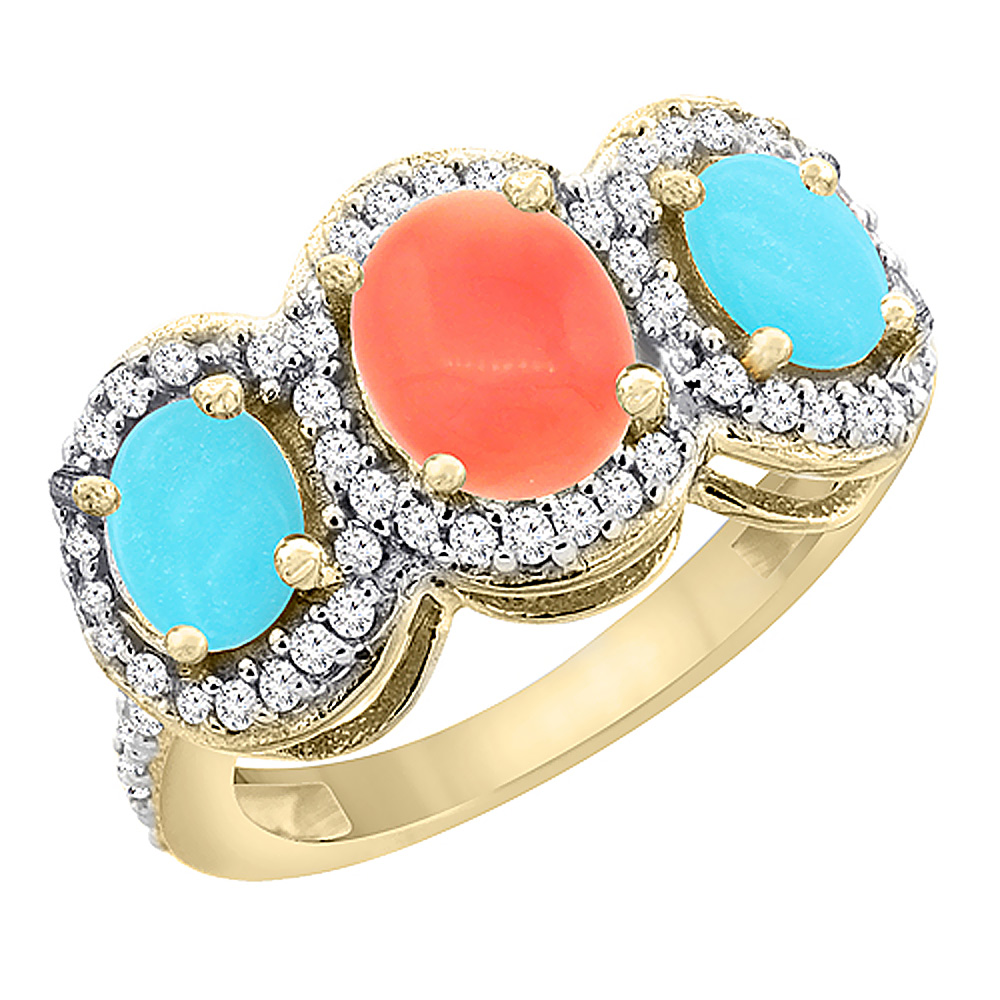 10K Yellow Gold Natural Coral & Turquoise 3-Stone Ring Oval Diamond Accent, sizes 5 - 10