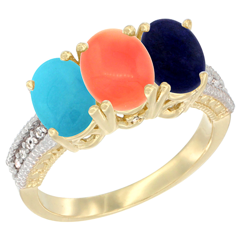 14K Yellow Gold Natural Turquoise, Coral & Lapis Ring 3-Stone 7x5 mm Oval Diamond Accent, sizes 5 - 10