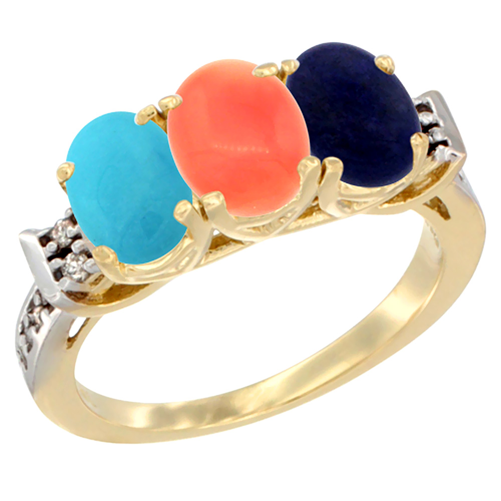 14K Yellow Gold Natural Turquoise, Coral & Lapis Ring 3-Stone Oval 7x5 mm Diamond Accent, sizes 5 - 10