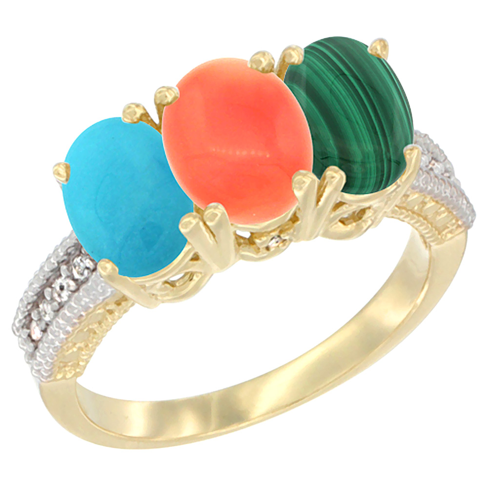 14K Yellow Gold Natural Turquoise, Coral &amp; Malachite Ring 3-Stone 7x5 mm Oval Diamond Accent, sizes 5 - 10
