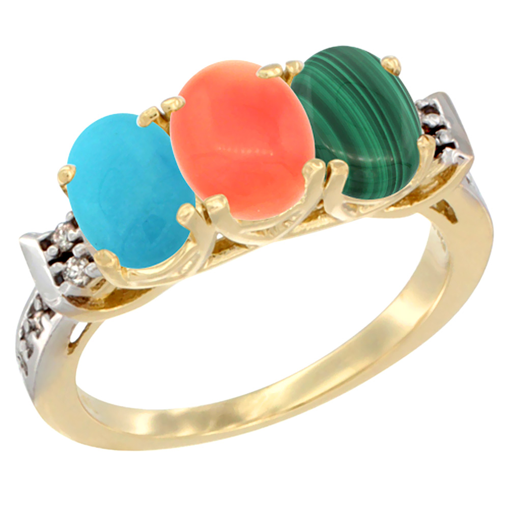 14K Yellow Gold Natural Turquoise, Coral & Malachite Ring 3-Stone Oval 7x5 mm Diamond Accent, sizes 5 - 10