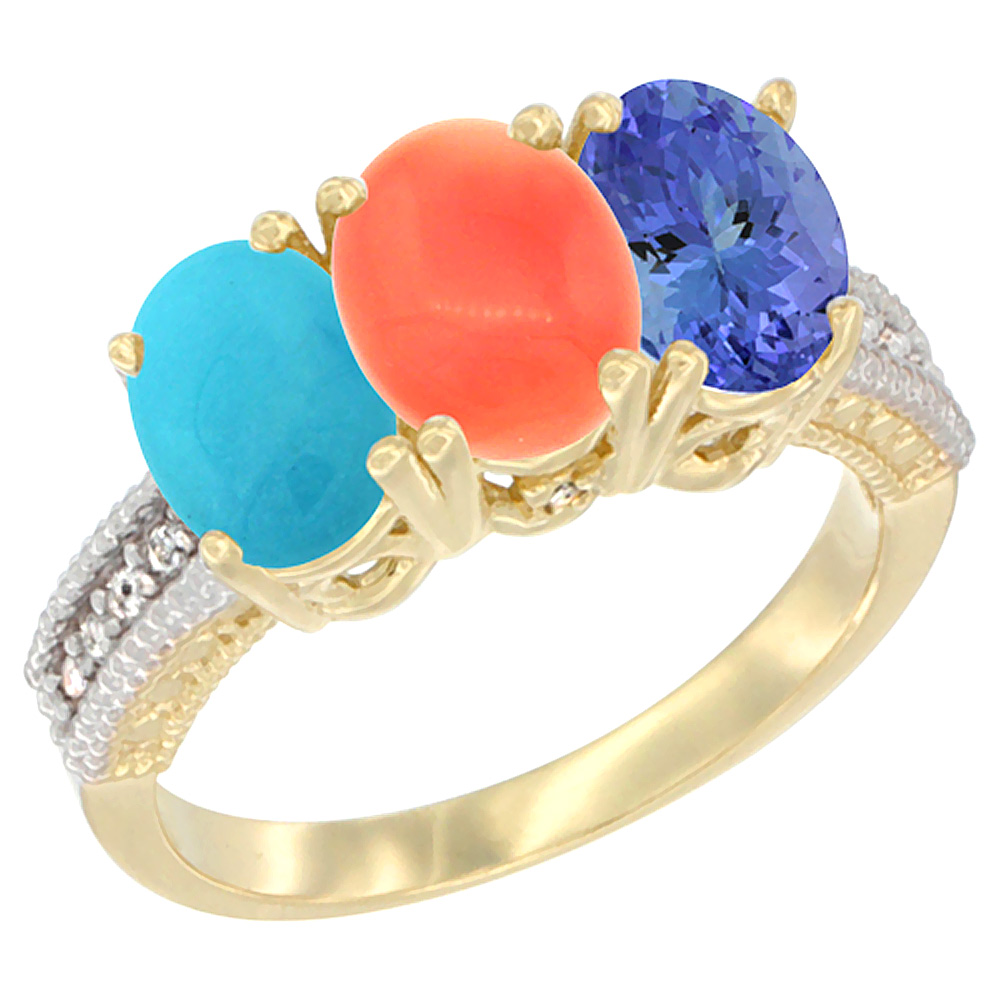 14K Yellow Gold Natural Turquoise, Coral &amp; Tanzanite Ring 3-Stone 7x5 mm Oval Diamond Accent, sizes 5 - 10