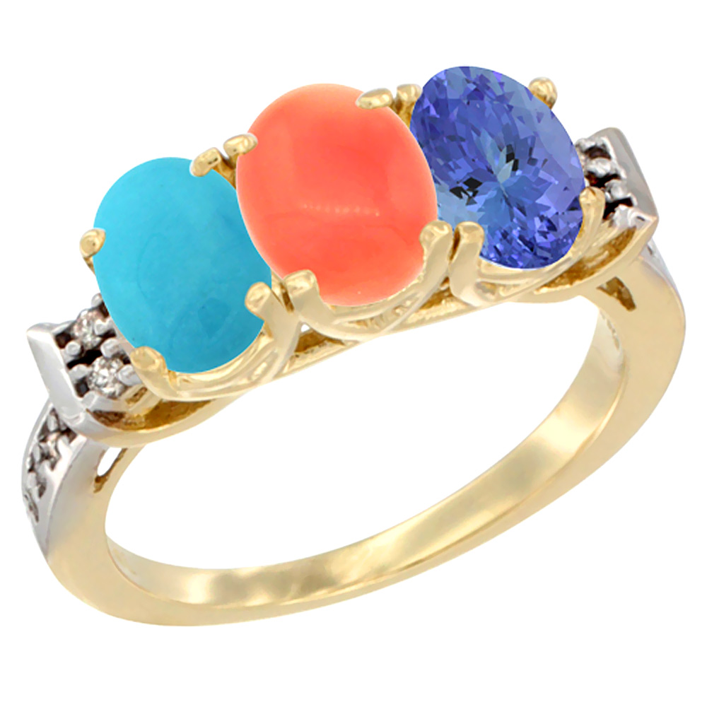 14K Yellow Gold Natural Turquoise, Coral & Tanzanite Ring 3-Stone Oval 7x5 mm Diamond Accent, sizes 5 - 10