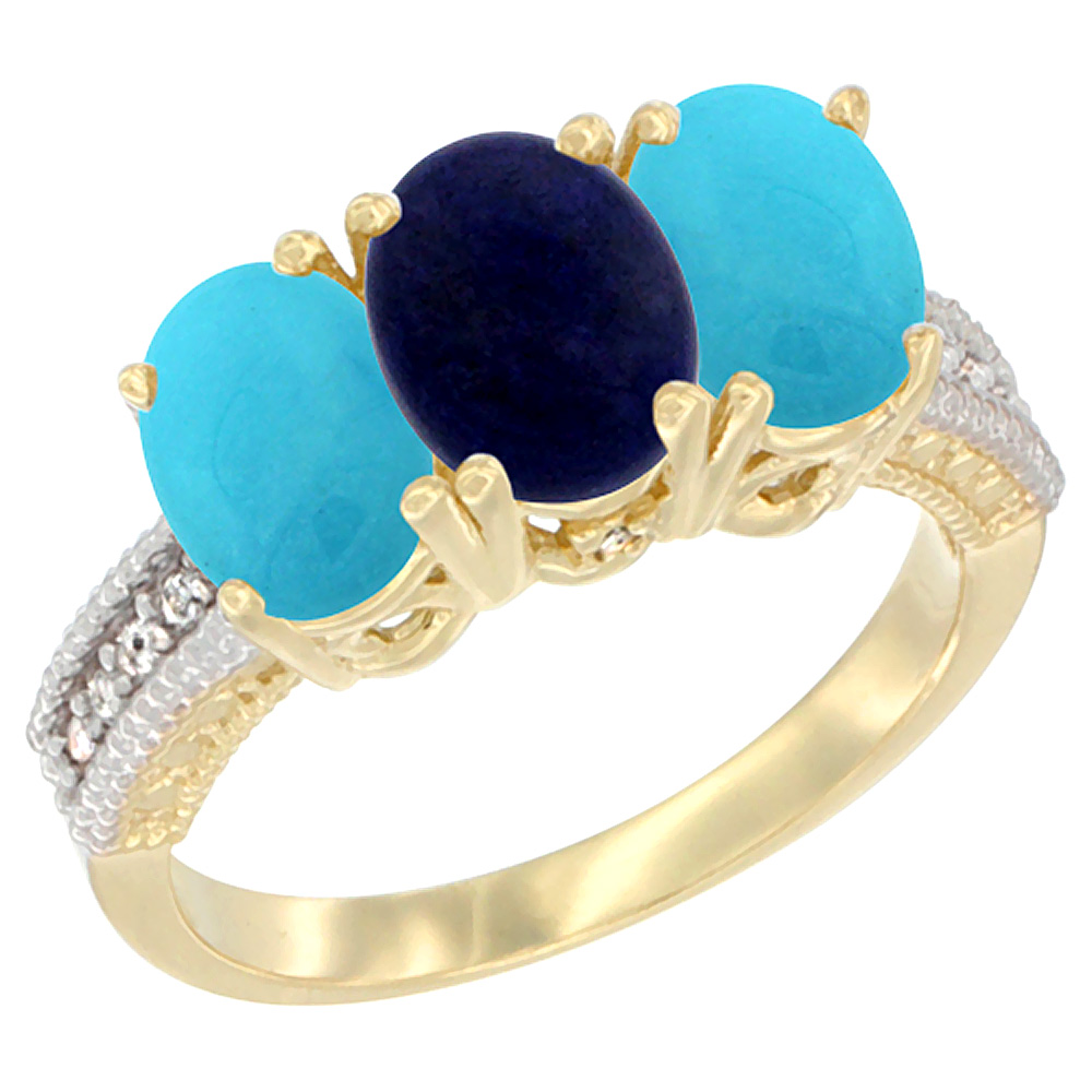 14K Yellow Gold Natural Lapis &amp; Turquoise Sides Ring 3-Stone 7x5 mm Oval Diamond Accent, sizes 5 - 10