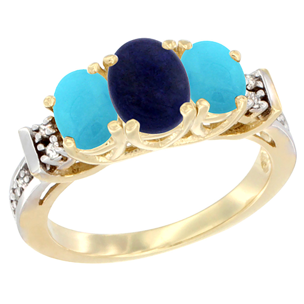 14K Yellow Gold Natural Lapis &amp; Turquoise Ring 3-Stone Oval Diamond Accent