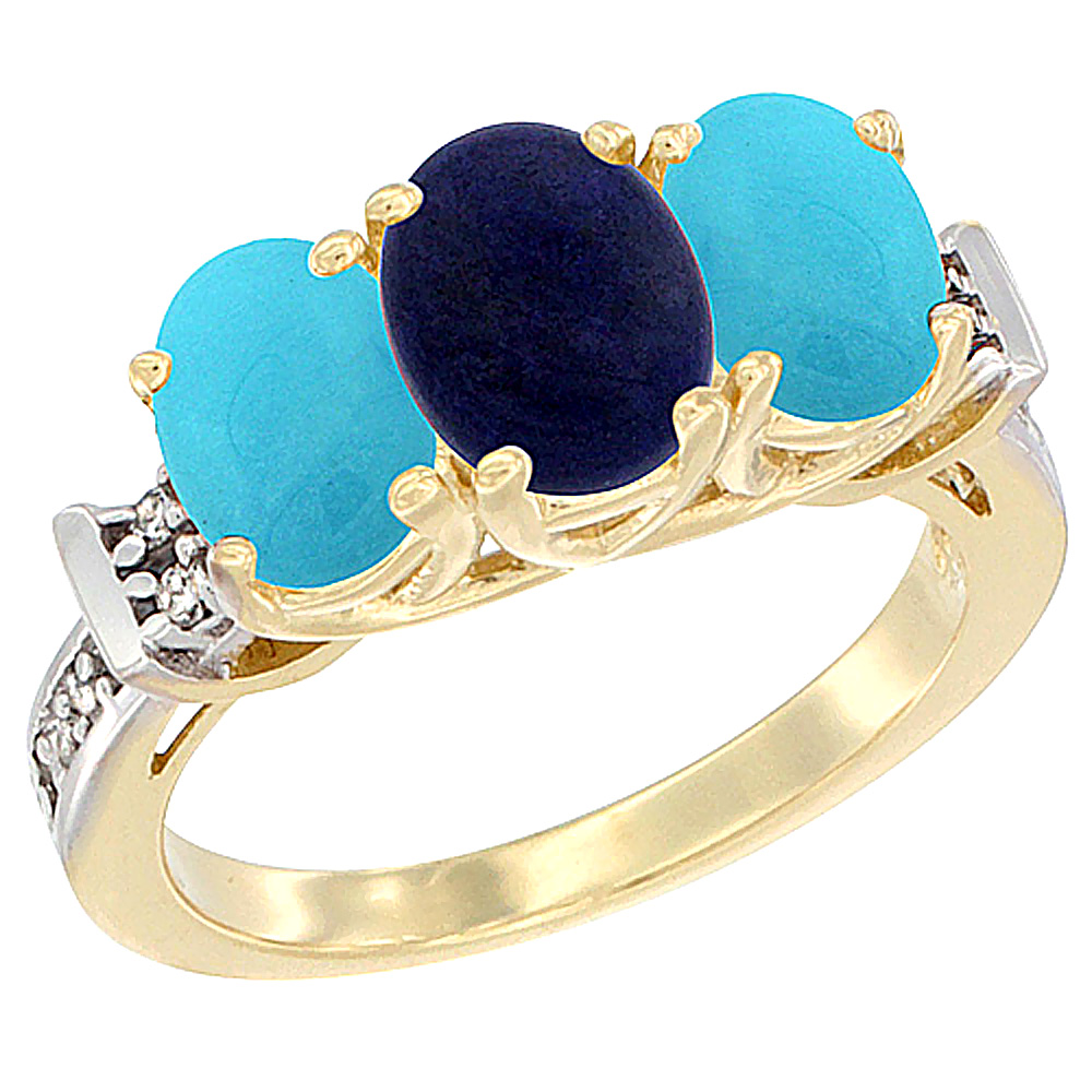 10K Yellow Gold Natural Lapis & Turquoise Sides Ring 3-Stone Oval Diamond Accent, sizes 5 - 10