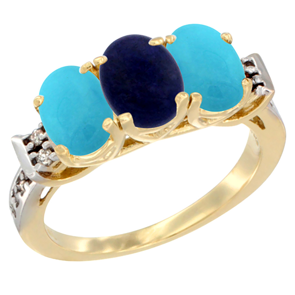 14K Yellow Gold Natural Lapis &amp; Turquoise Sides Ring 3-Stone Oval 7x5 mm Diamond Accent, sizes 5 - 10