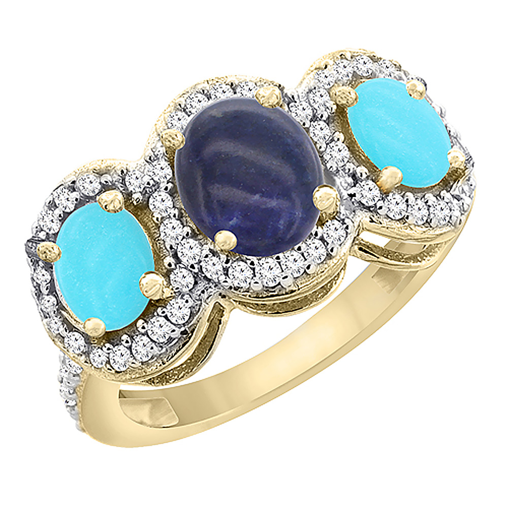 14K Yellow Gold Natural Lapis & Turquoise 3-Stone Ring Oval Diamond Accent, sizes 5 - 10