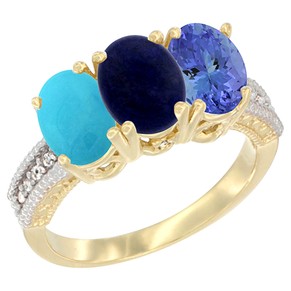 14K Yellow Gold Natural Turquoise, Lapis &amp; Tanzanite Ring 3-Stone 7x5 mm Oval Diamond Accent, sizes 5 - 10