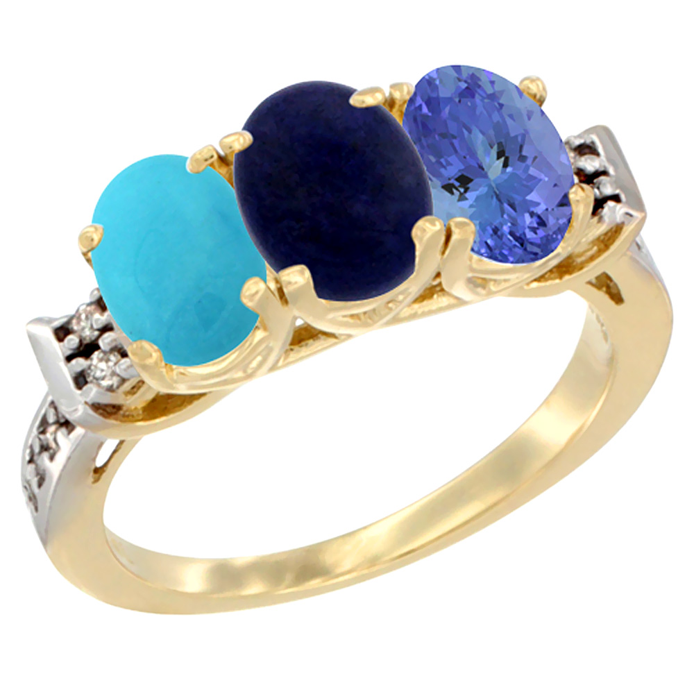 14K Yellow Gold Natural Turquoise, Lapis & Tanzanite Ring 3-Stone Oval 7x5 mm Diamond Accent, sizes 5 - 10