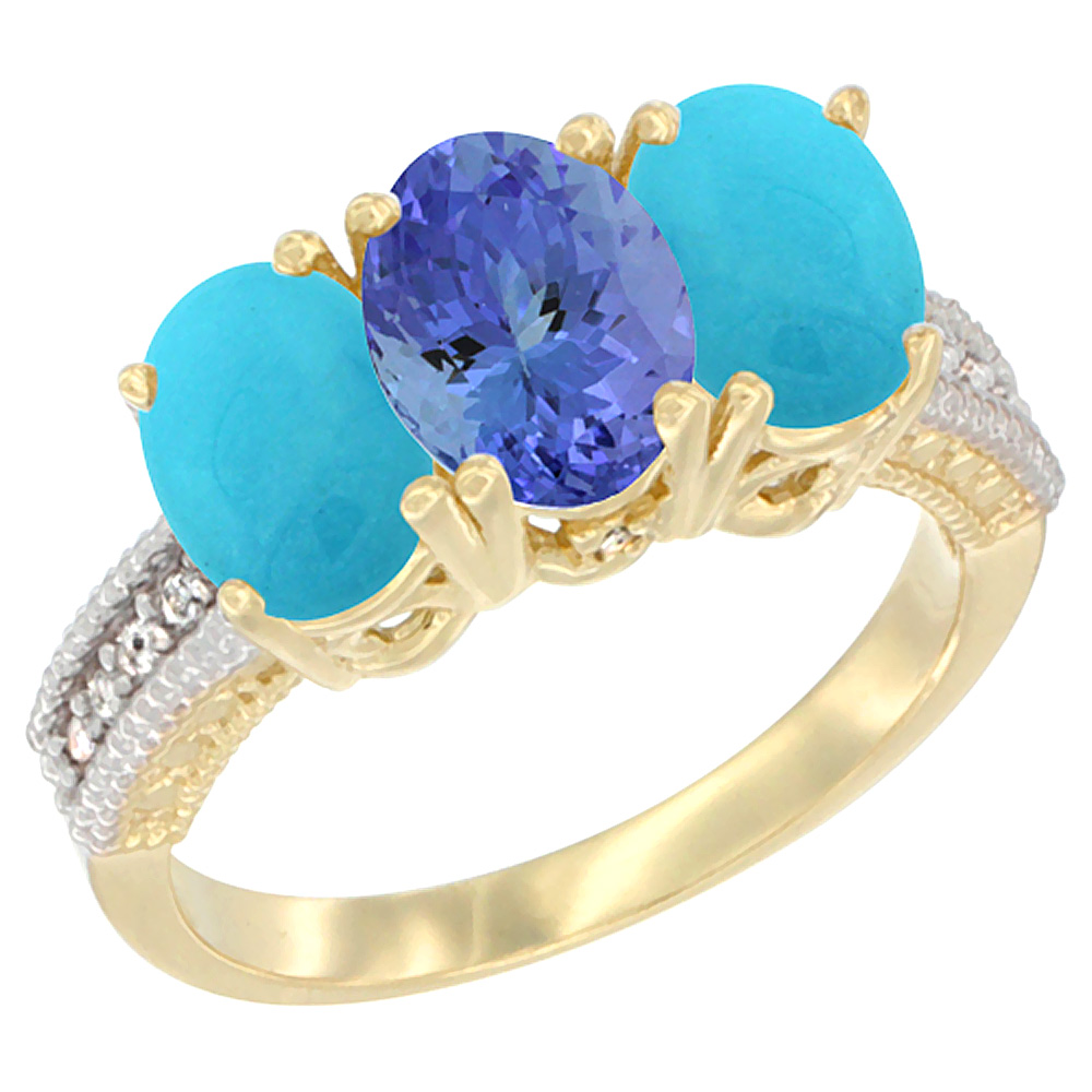 14K Yellow Gold Natural Tanzanite & Turquoise Sides Ring 3-Stone 7x5 mm Oval Diamond Accent, sizes 5 - 10