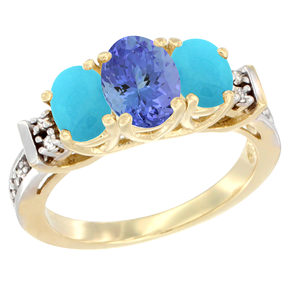14K Yellow Gold Natural Tanzanite & Turquoise Ring 3-Stone Oval Diamond Accent