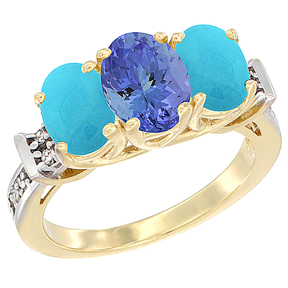 10K Yellow Gold Natural Tanzanite &amp; Turquoise Sides Ring 3-Stone Oval Diamond Accent, sizes 5 - 10